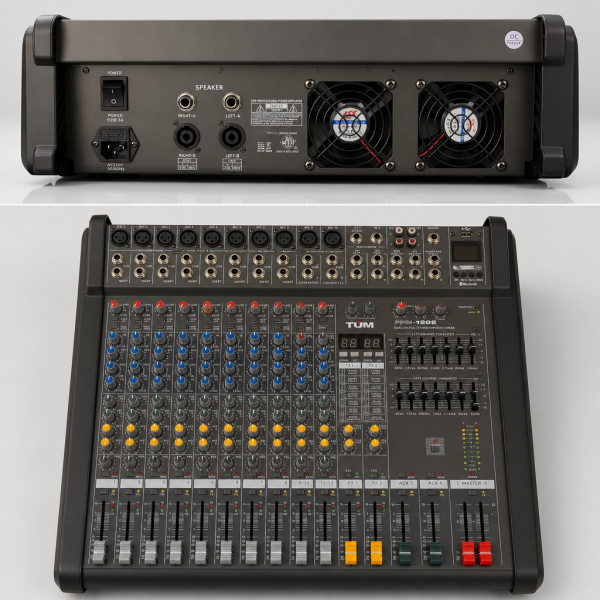 22 Mixer audio amplificat TUM PPM-1208, 2×650W, Bluetooth, USB, efecte DSP
