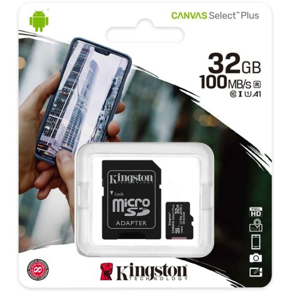 650x650 Kingston Canvas Select Plus microSDHC 32GB U1/V10/A1, viteză de citire 100MB/s + adaptor SD
