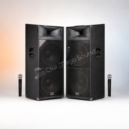 ChatGPT Image 15 aug. 2026, 13_47_01 Set Boxe Active Profesionale Vlliodor DS-2025, 2 x 280W, 4 Difuzoare, 2 Microfoane Wireless, Bluetooth și Mixer
