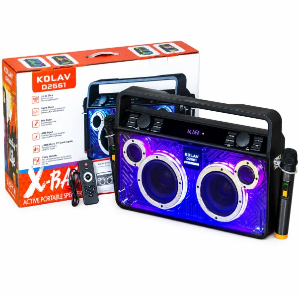 485a43db-e68a-4f60-b96f-99d063f5cc40 Boxa Portabilă Karaoke KOLAV D2661 X-BASS cu Bluetooth 5.2, 2 difuzoare de 6 inch, 2 microfoane wireless, lumini RGB LED, USB, TF Card, AUX, telecomandă și acumulator 4000mAh