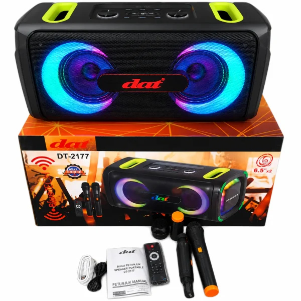 Boxă Portabilă Karaoke DAT DT-2177, Bluetooth, 2×6.5", 2 Microfoane Wireless, RGB LED, USB/TF/FM, Telecomandă