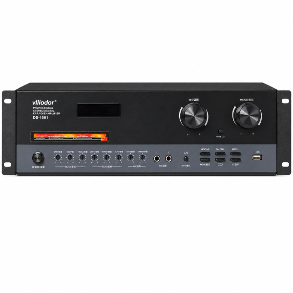 Amplificator Karaoke Vlliodor DS-1061, 2×125W, Bluetooth, USB, Intrare Optică și Coaxială