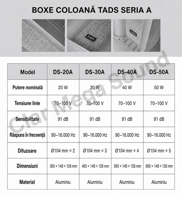 Boxă Coloană TADS DS‑50A, 50W, Linie 70–100V, 5 Difuzoare de 104 mm