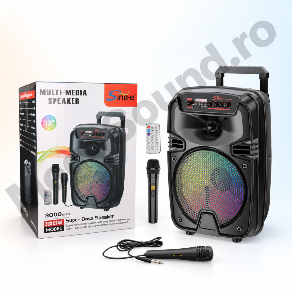 ChatGPT Image 15 sept. 2026, 10_44_01 (3) Boxă Portabilă Karaoke Sing-e ZQS12149, 12 Inch, 40W, Bluetooth 5.3, Acumulator 3000mAh, RGB LED, USB/TF/FM, 2 Microfoane Incluse, Telecomandă